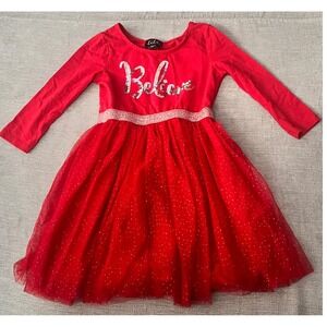 Lilt Girls Red Glitter Believe Long Sleeve Tulle Dress‎ Size 5